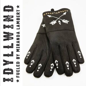 IDYLLWIND HALEY CROSS ARROW GLOVES Faux Suede Gloves w/ White Embroidered Arrows